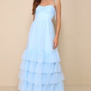 Lulus Endlessly Darling Light Blue Mesh Tiered Tie-strap Maxi Dress - Size XS